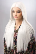 Long Straight Icy Silver White Lace Front Wig 32" Heat Resistant Wig