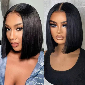 Super Natural Hairline Silky Short Bob Wig Human Hair Straight Bob Lace Human Hair Natural Black