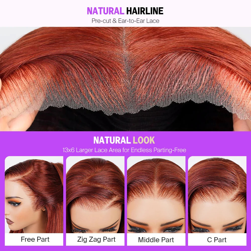 BOOHAIR Three-Go™ Dark Copper Ginger Glueless Wigs Body Wave With Drawstring 100% Human Hair Wig