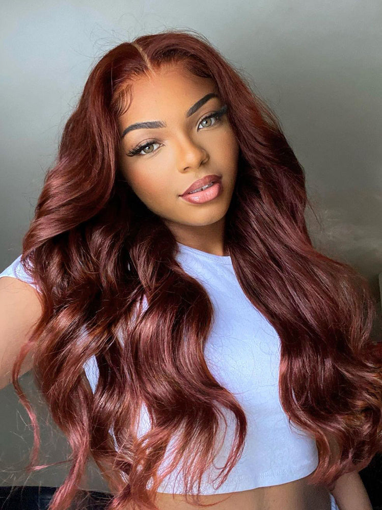 Body Wave Put On and Go Glueless Wigs 150% Density Reddish Brown 7x5 Pre-Cut Lace Wigs with Natural Hairline
