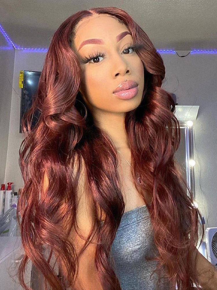 Body Wave Put On and Go Glueless Wigs 150% Density Reddish Brown 7x5 Pre-Cut Lace Wigs with Natural Hairline