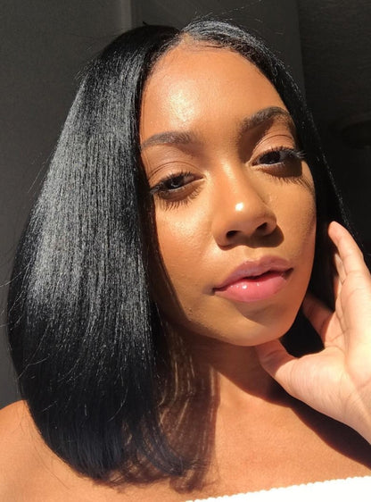 Flash Sale boohair Blunt Cut Light Yaki Straight 7x5 Pre-Cut Lace Bye Bye Knots Glueless Bob Wig Pre-plucked