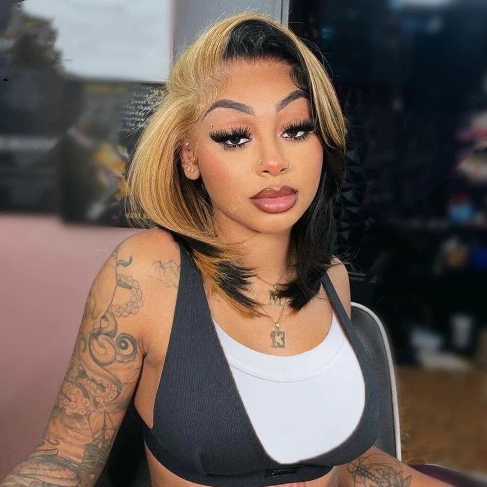 Honey Blonde Short Bob  Straight Wigs Face Framing  Skunk Stripe 13x6 Lace Frontal Ready To Go Wigs
