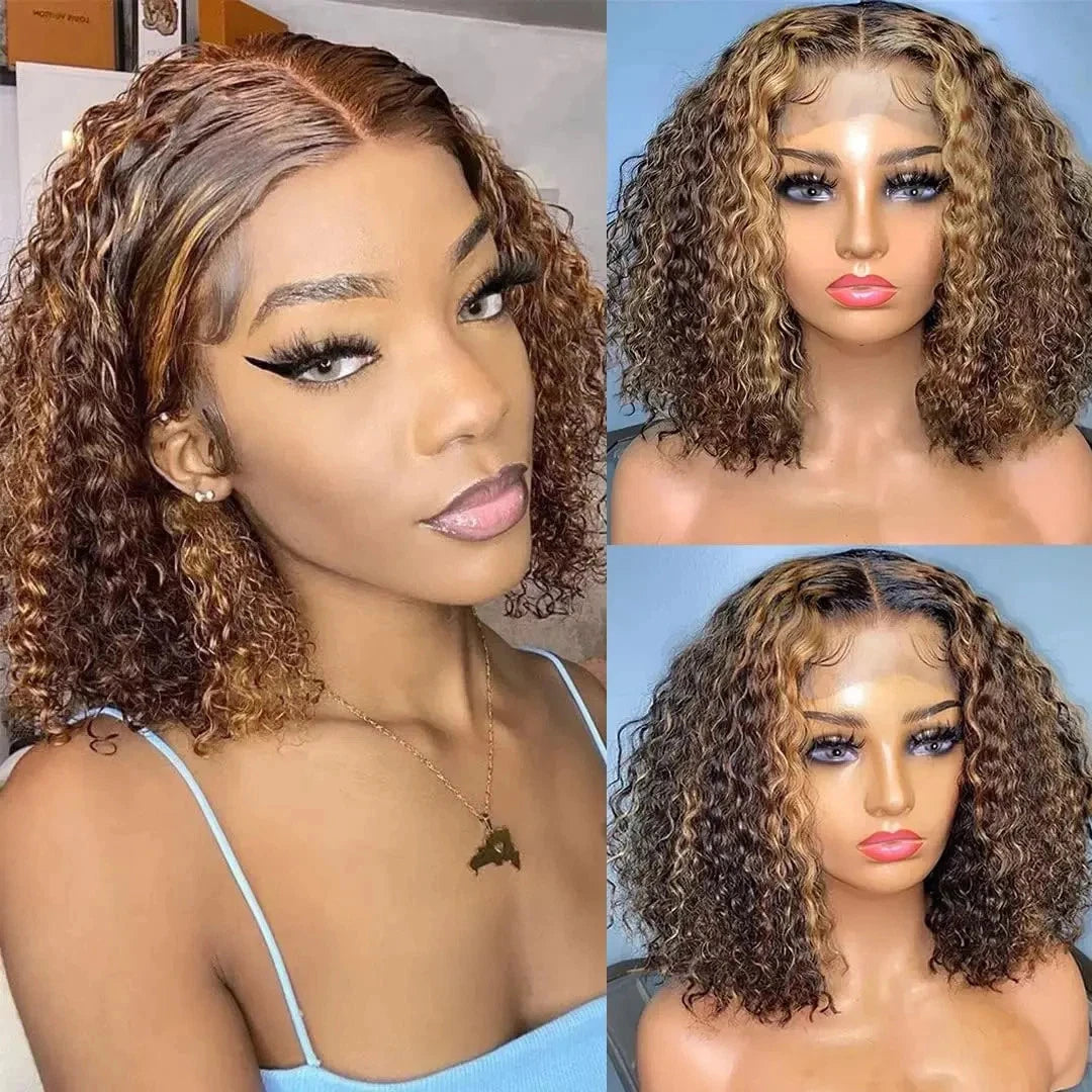 Honey Blonde Short Kinky Curly Wear Go Glueless Wigs Human Hair Highlight Bob Wig 180 Density Ombre Pre Cut Transparent Lace Wigs