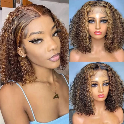 Honey Blonde Short Kinky Curly Wear Go Glueless Wigs Human Hair Highlight Bob Wig 180 Density Ombre Pre Cut Transparent Lace Wigs