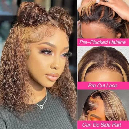 Honey Blonde Short Kinky Curly Wear Go Glueless Wigs Human Hair Highlight Bob Wig 180 Density Ombre Pre Cut Transparent Lace Wigs