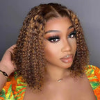 Honey Blonde Short Kinky Curly Wear Go Glueless Wigs Human Hair Highlight Bob Wig 180 Density Ombre Pre Cut Transparent Lace Wigs
