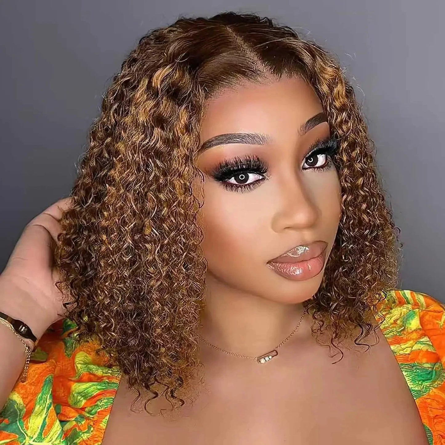 Honey Blonde Short Kinky Curly Wear Go Glueless Wigs Human Hair Highlight Bob Wig 180 Density Ombre Pre Cut Transparent Lace Wigs