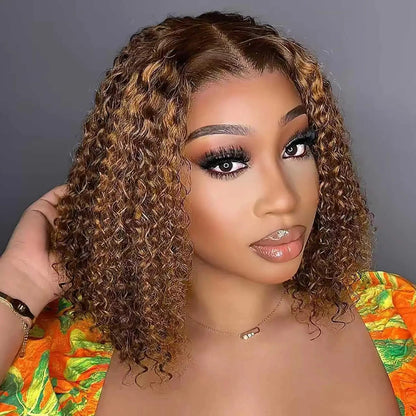 Honey Blonde Short Kinky Curly Wear Go Glueless Wigs Human Hair Highlight Bob Wig 180 Density Ombre Pre Cut Transparent Lace Wigs