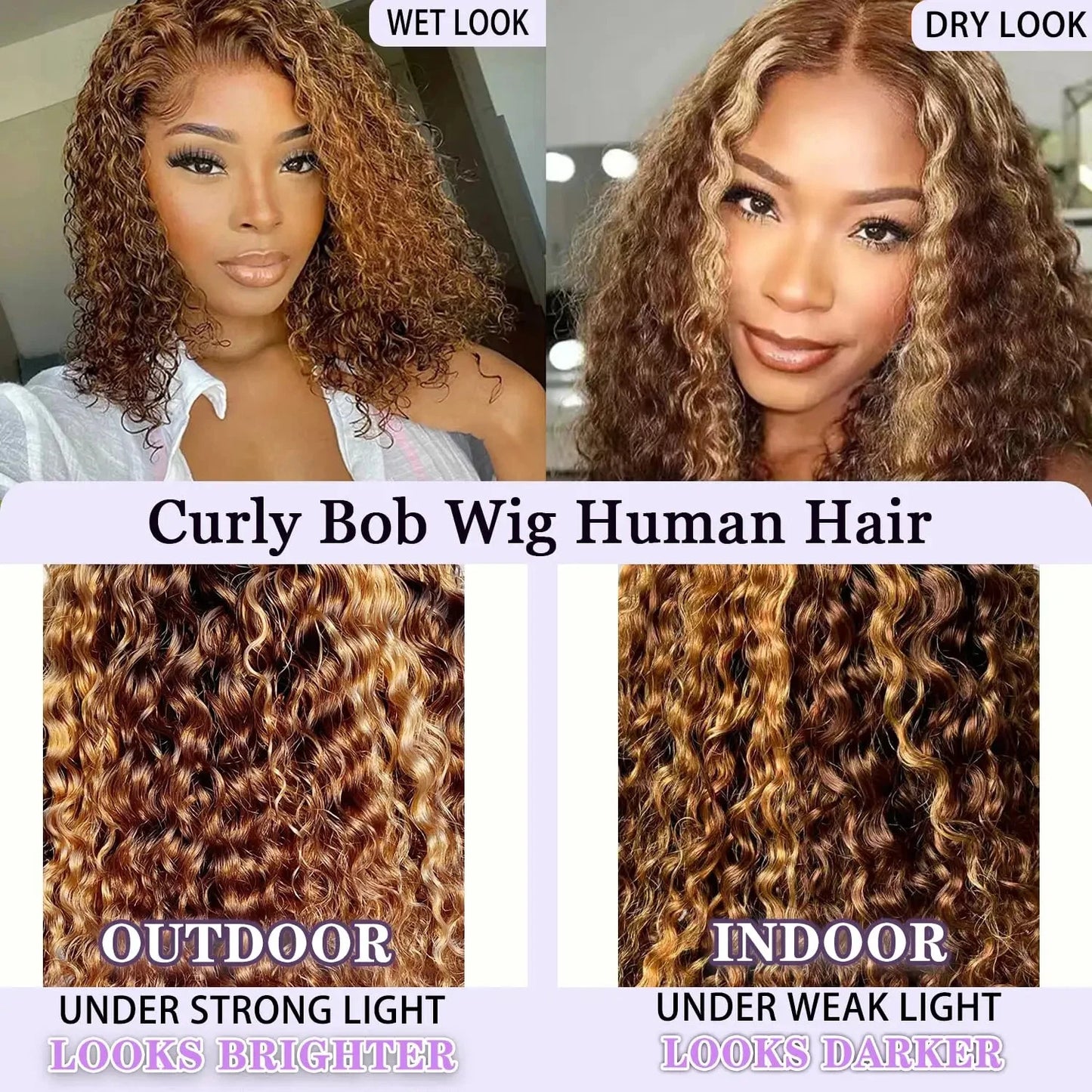 Honey Blonde Short Kinky Curly Wear Go Glueless Wigs Human Hair Highlight Bob Wig 180 Density Ombre Pre Cut Transparent Lace Wigs