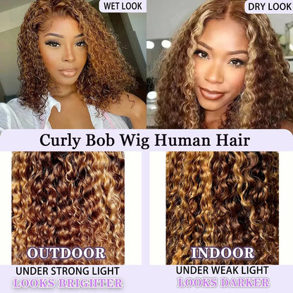 Honey Blonde Short Kinky Curly Wear Go Glueless Wigs Human Hair Highlight Bob Wig 180 Density Ombre Pre Cut Transparent Lace Wigs