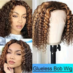 Honey Blonde Short Kinky Curly Wear Go Glueless Wigs Human Hair Highlight Bob Wig 180 Density Ombre Pre Cut Transparent Lace Wigs