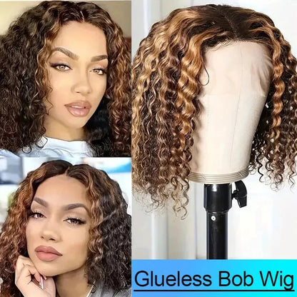 Honey Blonde Short Kinky Curly Wear Go Glueless Wigs Human Hair Highlight Bob Wig 180 Density Ombre Pre Cut Transparent Lace Wigs