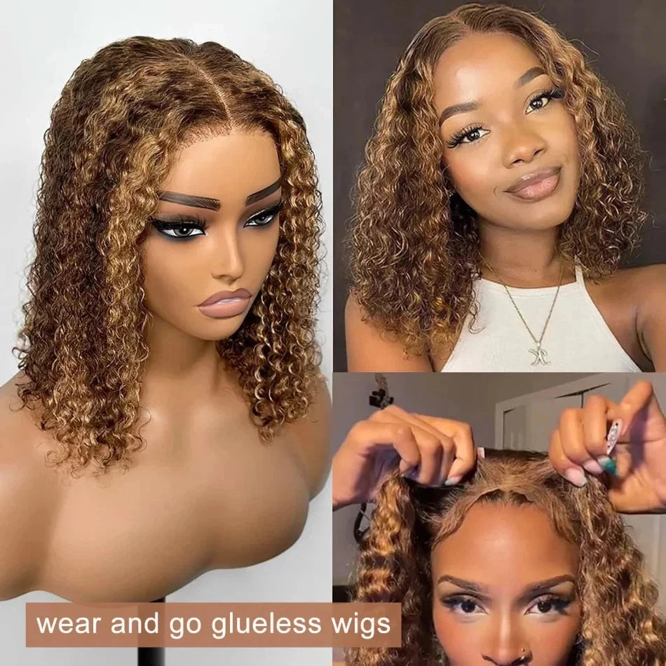 Honey Blonde Short Kinky Curly Wear Go Glueless Wigs Human Hair Highlight Bob Wig 180 Density Ombre Pre Cut Transparent Lace Wigs