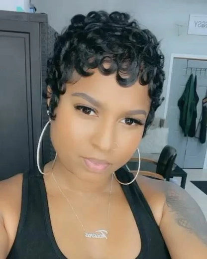Modern Show Short Mommy Curly Hair Wig Finger Wave Human Hair Wear Go Wigs Guleless Remi Pixie Cut Wig Pre Plucked 150% Density On Sale