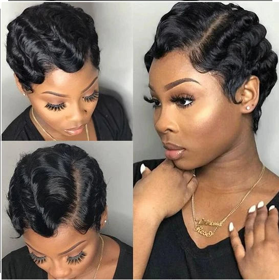 Modern Show Short Mommy Curly Hair Wig Finger Wave Human Hair Wear Go Wigs Guleless Remi Pixie Cut Wig Pre Plucked 150% Density On Sale