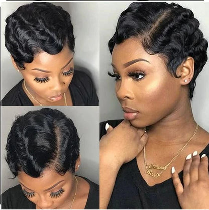 Modern Show Short Mommy Curly Hair Wig Finger Wave Human Hair Wear Go Wigs Guleless Remi Pixie Cut Wig Pre Plucked 150% Density On Sale