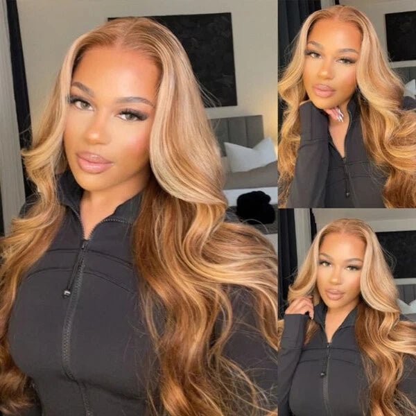 7x5 Bye-Bye Knots Glueless Wig Pre-Cut Lace Honey Blonde Body Wave With Bleached Clean Knots Ombre Highlight Color 150% Density
