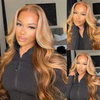7x5 Bye-Bye Knots Glueless Wig Pre-Cut Lace Honey Blonde Body Wave With Bleached Clean Knots Ombre Highlight Color 150% Density