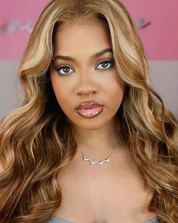 7x5 Bye-Bye Knots Glueless Wig Pre-Cut Lace Honey Blonde Body Wave With Bleached Clean Knots Ombre Highlight Color 150% Density