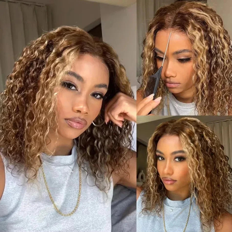 Honey Blonde Short Kinky Curly Wear Go Glueless Wigs Human Hair Highlight Bob Wig 180 Density Ombre Pre Cut Transparent Lace Wigs