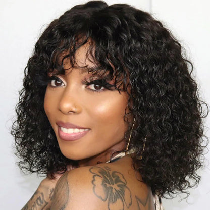 Short Curly Human Hair Minimalist Lace Wear Go Glueless Water Wave Bob Wig with Bangs Natural Black Beginner Friendly