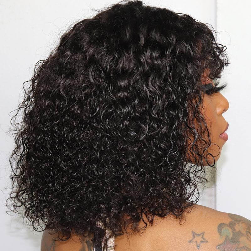 Short Curly Human Hair Minimalist Lace Wear Go Glueless Water Wave Bob Wig with Bangs Natural Black Beginner Friendly