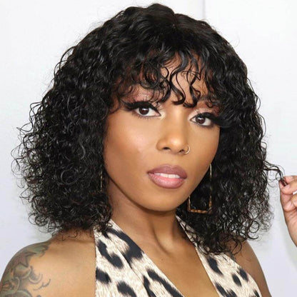 Short Curly Human Hair Minimalist Lace Wear Go Glueless Water Wave Bob Wig with Bangs Natural Black Beginner Friendly