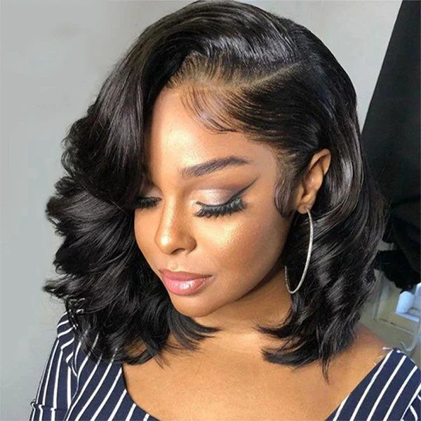 Short Bob Human Hair Wear Go Wig Glueless 13x4 Lace Front Pre-Plucked Body Wave Ocean Wave 180% Density - Natural Color (10 Inch)