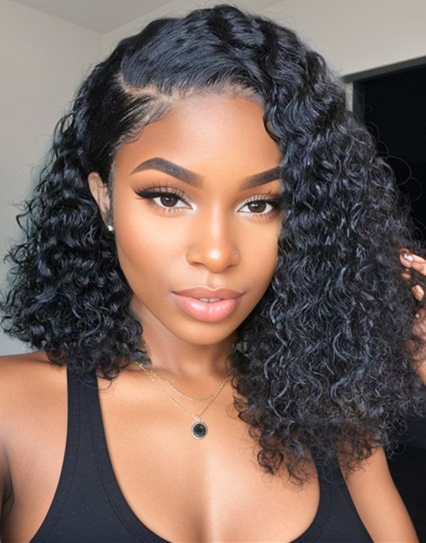 Short Curly Bob 13x4 Lace Front Human Hair Wig Soft Breathable Reusable Nontangled Brazilian Wig Adjustable Size (14 inches)