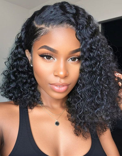 Short Curly Bob 13x4 Lace Front Human Hair Wig Soft Breathable Reusable Nontangled Brazilian Wig Adjustable Size (14 inches)