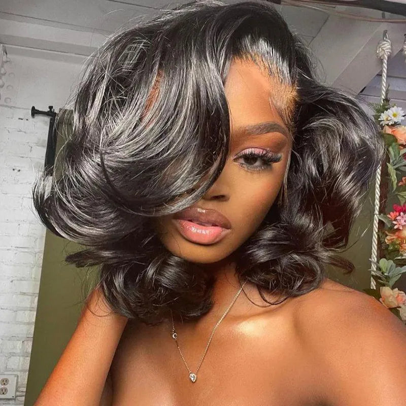 Short Bob Human Hair Wear Go Wig Glueless 13x4 Lace Front Pre-Plucked Body Wave Ocean Wave 180% Density - Natural Color (10 Inch)