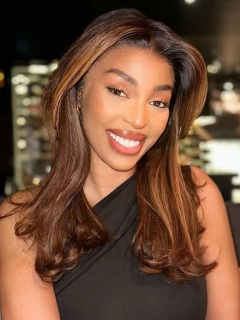 Caramel Highlights On Blonde 7x5 Pre Cut Lace Straight Blunt Bob Hair Wig With Dark Roots Glueless Human Hair Beginner Friendly