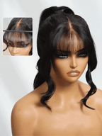 Pre-Everything 7x5/13x4 Lace Frontal Loose Wave Wigs with Bangs-Fluffy Hair 3D Dome Cap Put on and Go Glueless Human Hair