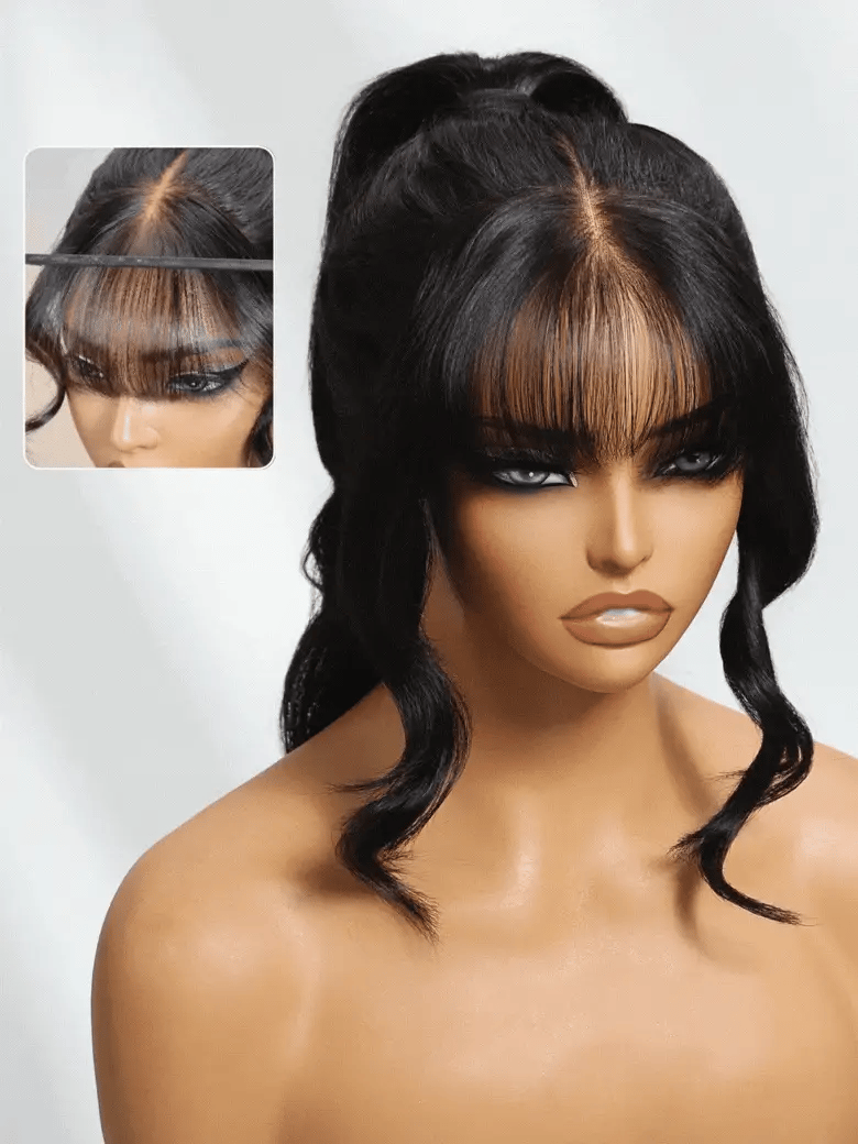 Pre-Everything 7x5/13x4 Lace Frontal Loose Wave Wigs with Bangs-Fluffy Hair 3D Dome Cap Put on and Go Glueless Human Hair