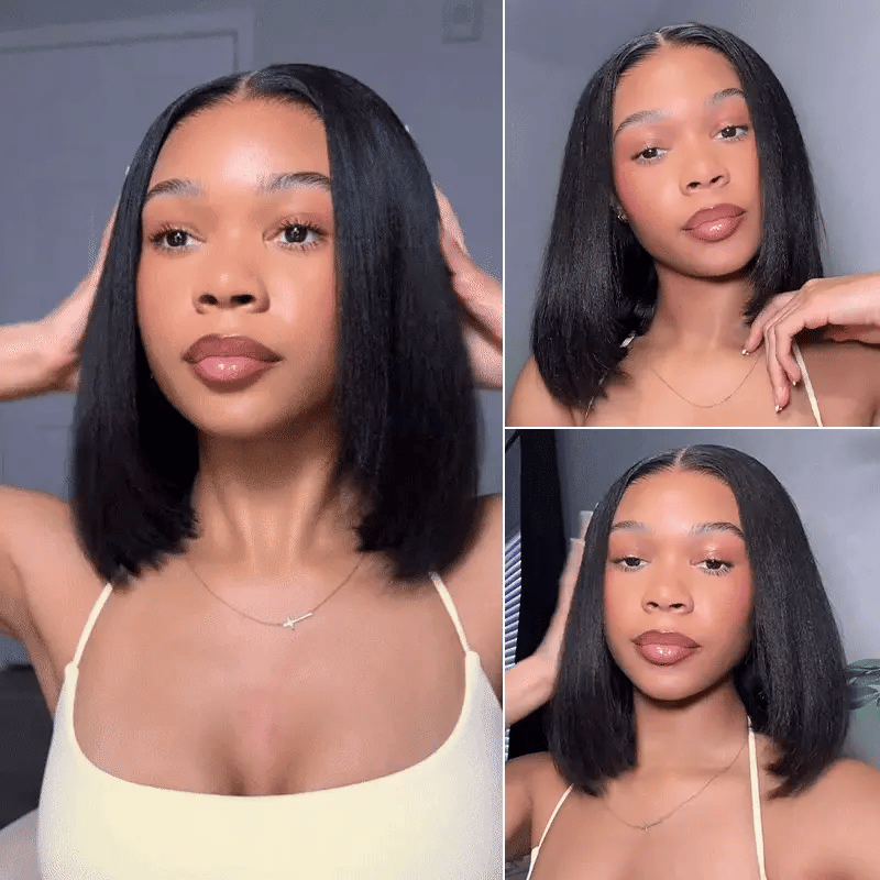 Flash Sale boohair Blunt Cut Light Yaki Straight 7x5 Pre-Cut Lace Bye Bye Knots Glueless Bob Wig Pre-plucked