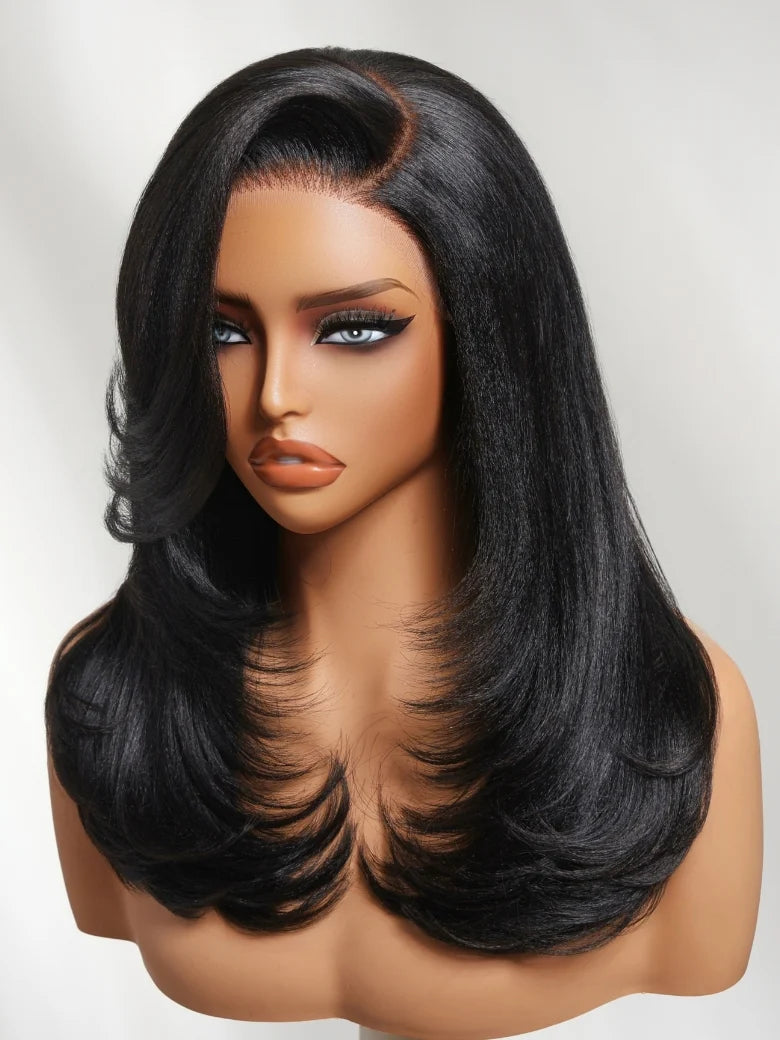 Elegant 7x5 Pre Cut Side-Part Yaki Straight Lace Part Glueless Drawstring Wig With Blowout Face-framing Feathered Layers Ready to Go Beginner Friendly