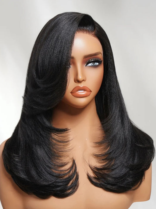 Elegant 7x5 Pre Cut Side-Part Yaki Straight Lace Part Glueless Drawstring Wig With Blowout Face-framing Feathered Layers Ready to Go Beginner Friendly