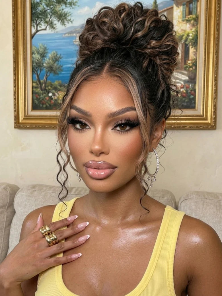 7x5 Pre Cut Glueless Golden Brown Highlights Water Wave Bye Bye Knots Lace Closure Wig 150% Density
