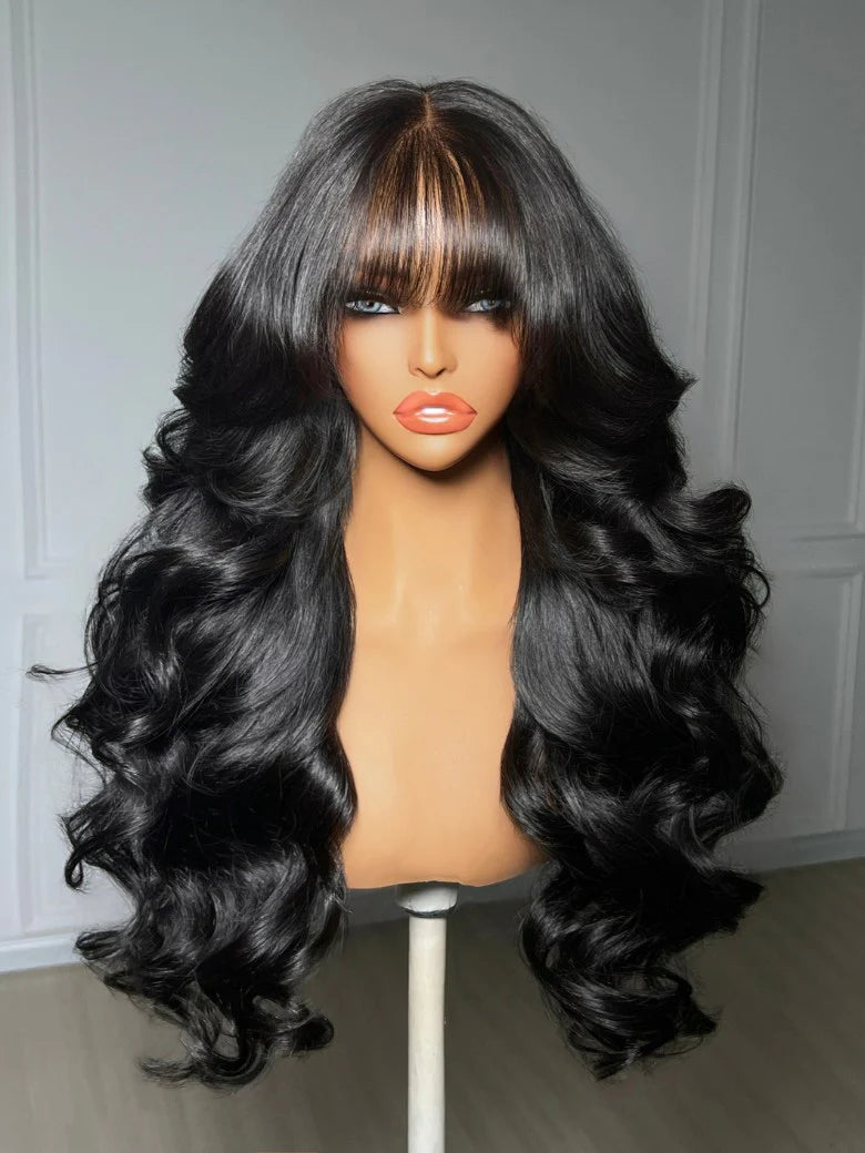 Pre-Everything 7x5/13x4 Lace Frontal Loose Wave Wigs with Bangs-Fluffy Hair 3D Dome Cap Put on and Go Glueless Human Hair