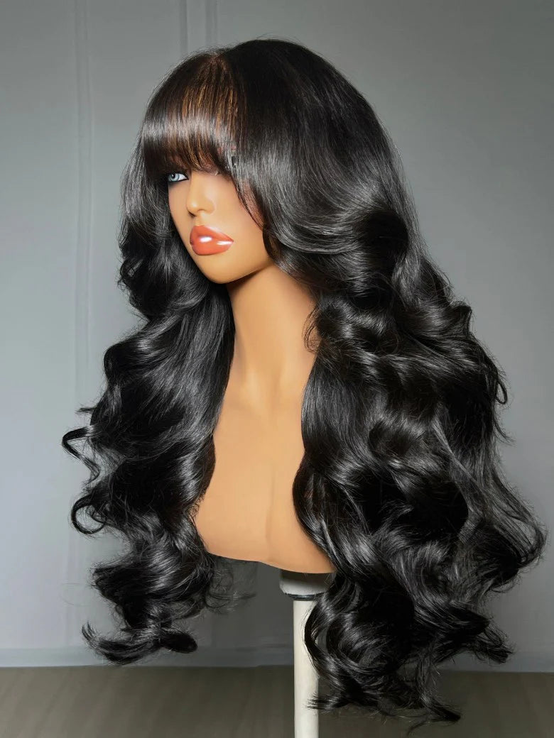 Pre-Everything 7x5/13x4 Lace Frontal Loose Wave Wigs with Bangs-Fluffy Hair 3D Dome Cap Put on and Go Glueless Human Hair