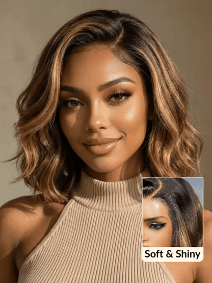 7x5 and 13x4 Glueless French Bob Style Human Hair with HD Lace Pre Everything Chocolate Brown Highlight Wig Soft Barrel Curls Wear and Go for Beginners 10Inch