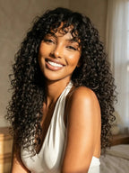 Curly Wave Wig With Bangs Natural Color Human Hair Glueless Wigs Low-Maintenance Wear Go