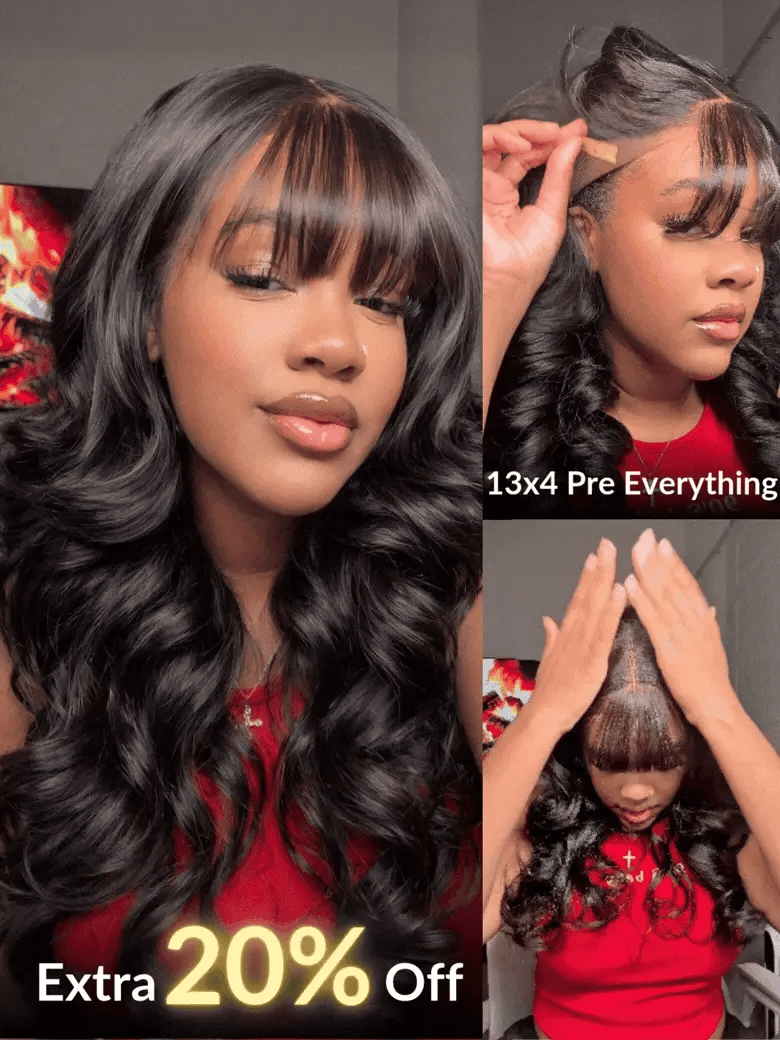 Pre-Everything 7x5/13x4 Lace Frontal Loose Wave Wigs with Bangs-Fluffy Hair 3D Dome Cap Put on and Go Glueless Human Hair