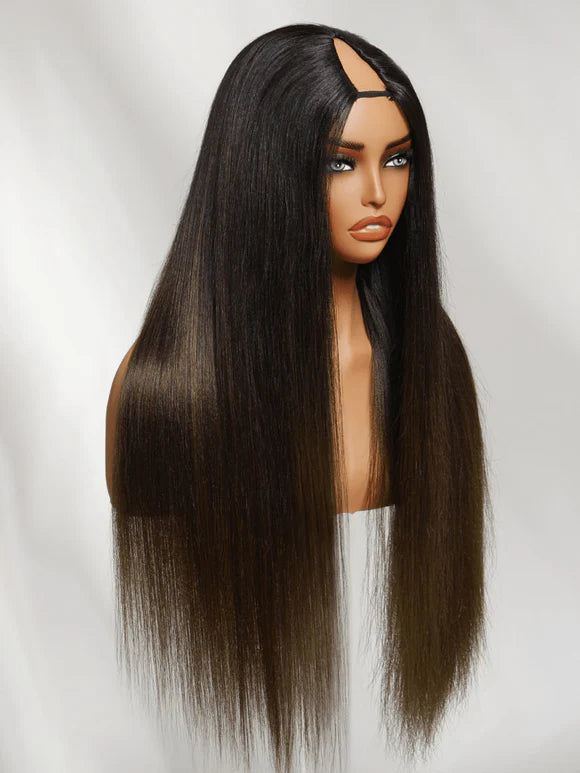 Pre Everything 7x5 Glueless Lace Chestnut Brown Ombre Yaki Straight Put On and Go Wig With Bleached Knots 150% Density