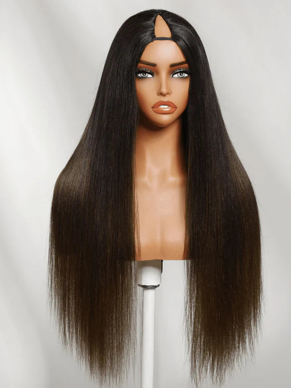 Pre Everything 7x5 Glueless Lace Chestnut Brown Ombre Yaki Straight Put On and Go Wig With Bleached Knots 150% Density