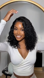 6X4 Glueless Lace "C" Side Part Water Wave Bob Wig 220% Density Drawstring Ready To Wear Short Curly Friendly For Beginners