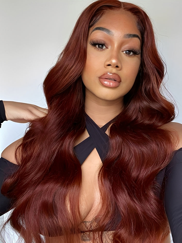 Body Wave Put On and Go Glueless Wigs 150% Density Reddish Brown 7x5 Pre-Cut Lace Wigs with Natural Hairline
