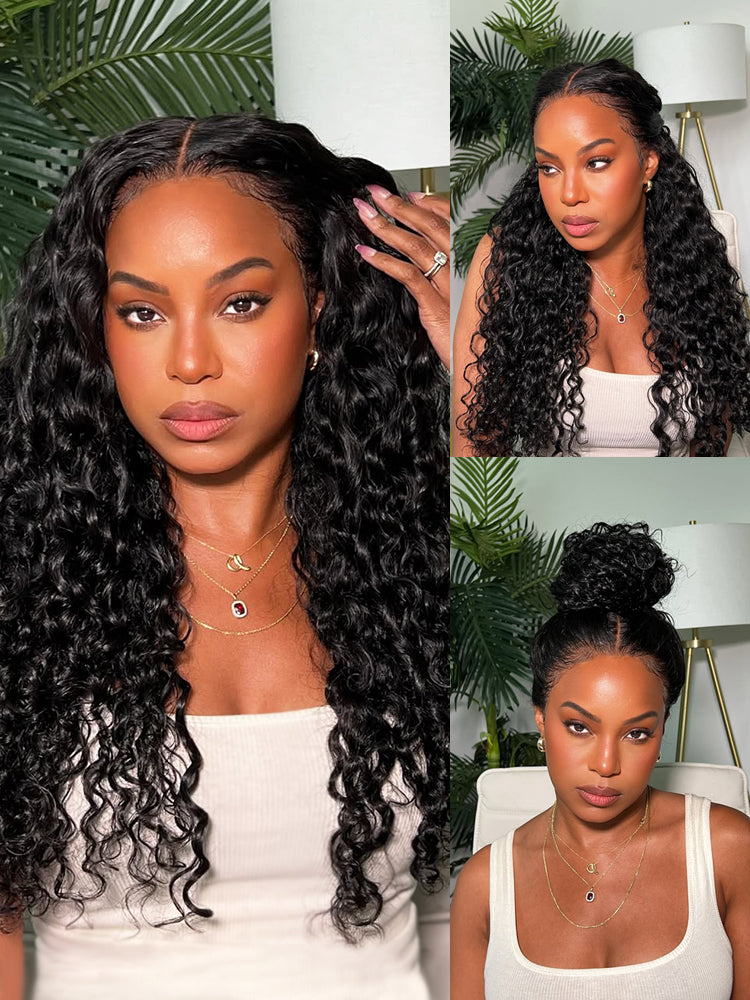 Glueless Curly Pre Plucked Pre Cut Deep Wave Wig for Women 200 Density Drawstring 13X6 Hd Lace Closure Middle Part Wear and Go Wigs Natural Black Color
