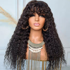 Curly Wave Wig With Bangs Natural Color Human Hair Glueless Wigs Low-Maintenance Wear Go